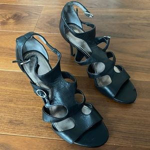 [Nine West] Black Leather Caged Heels